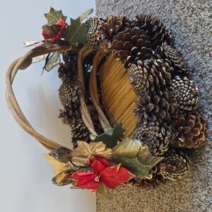 Vintage Pinecone Basket with Red And Gold Accents